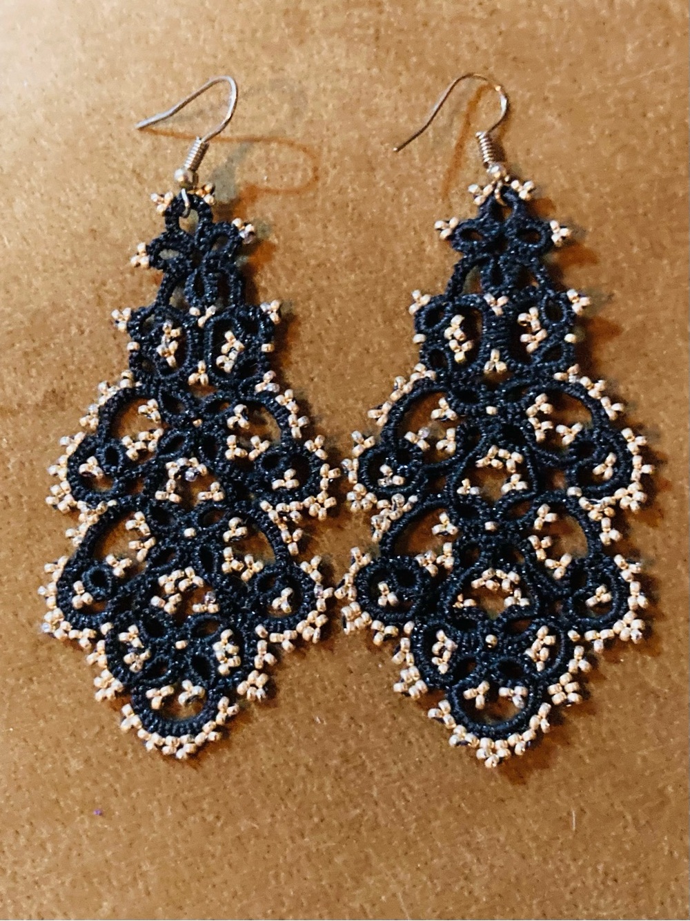 Rare Handmade Black Tatted Crochet Lace Teardrop Earrings with Gold Bead Accents